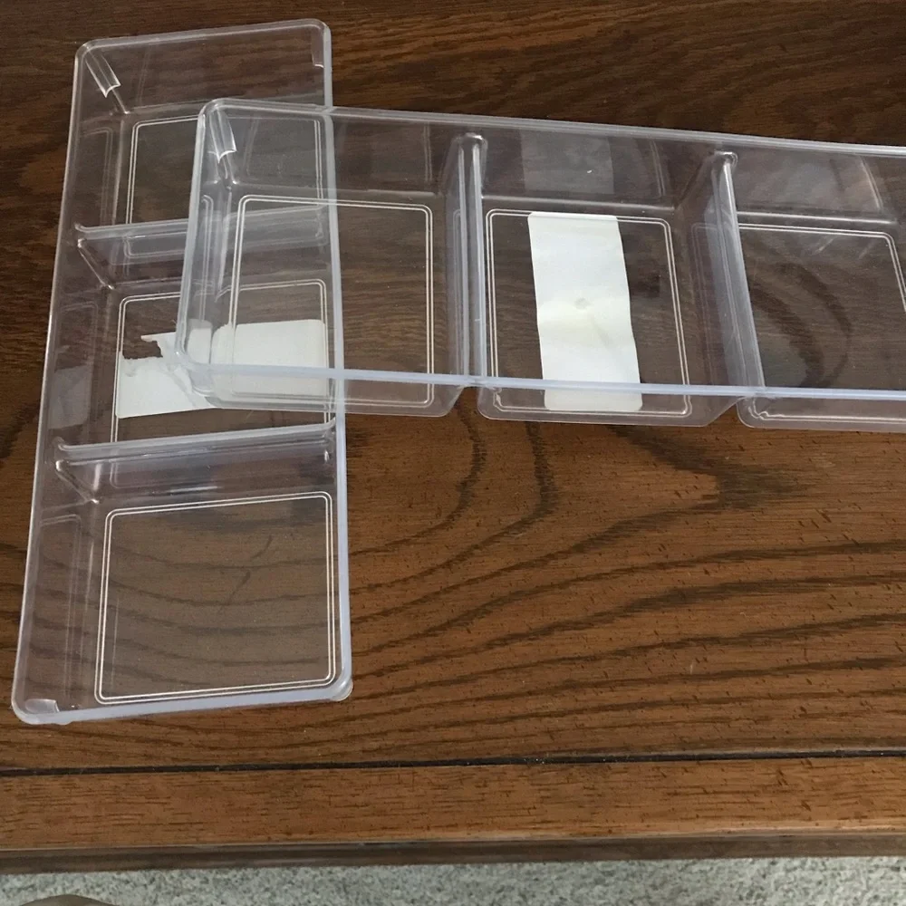 Two 3-section drawer dividers. 4.4” x 11.5” x 1 5/8”H. Clear acrylic